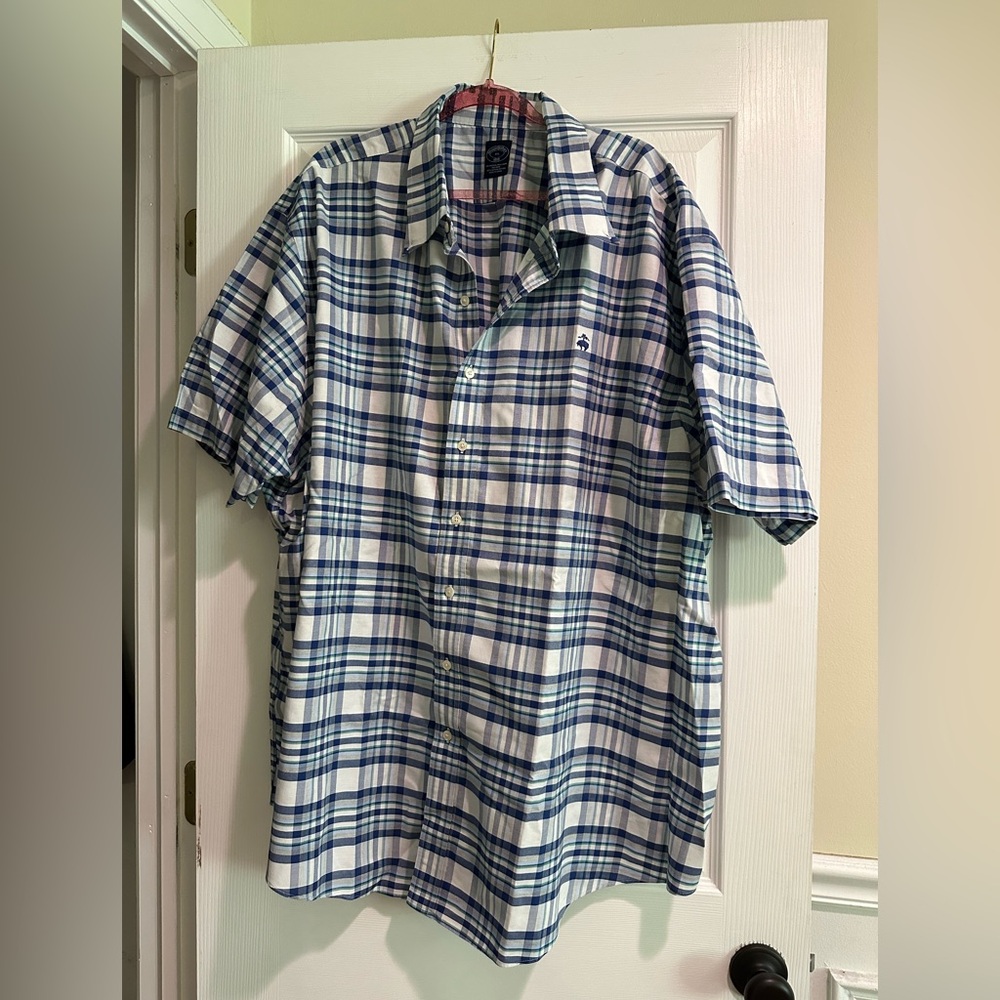 4XL Brooks Brothers Blue and White Plaid Short Sleeve Shirt